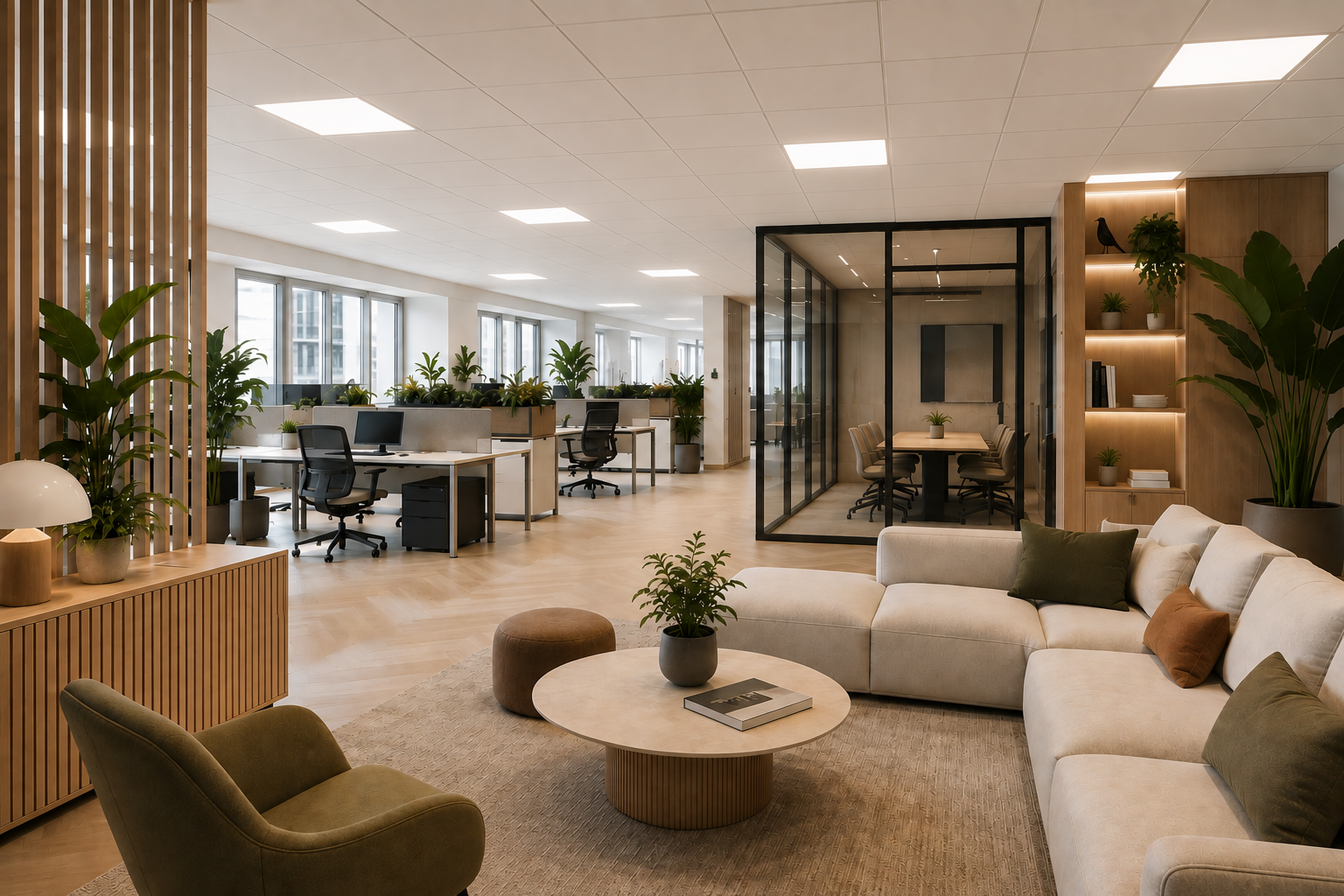 Espace de travail aménagé par PERÉLIA : lounge, open space et salle de réunion vitrée
